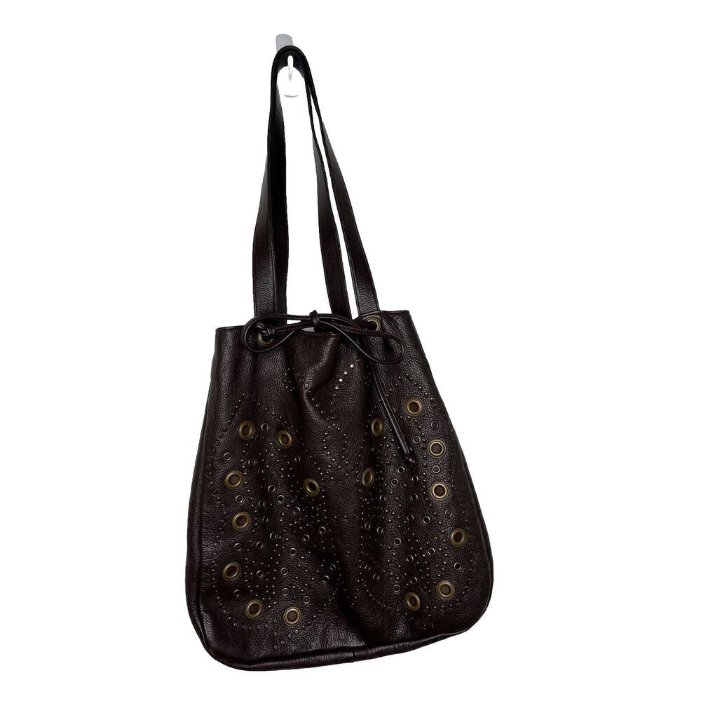 Y2K‎ Hilton Weiner Leather Perforated Purse Studded Brown Bucket Bag Grommets